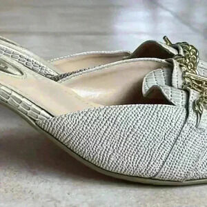 Bijou heeled, faux snake skin, slip on mules with gold chain; size 10